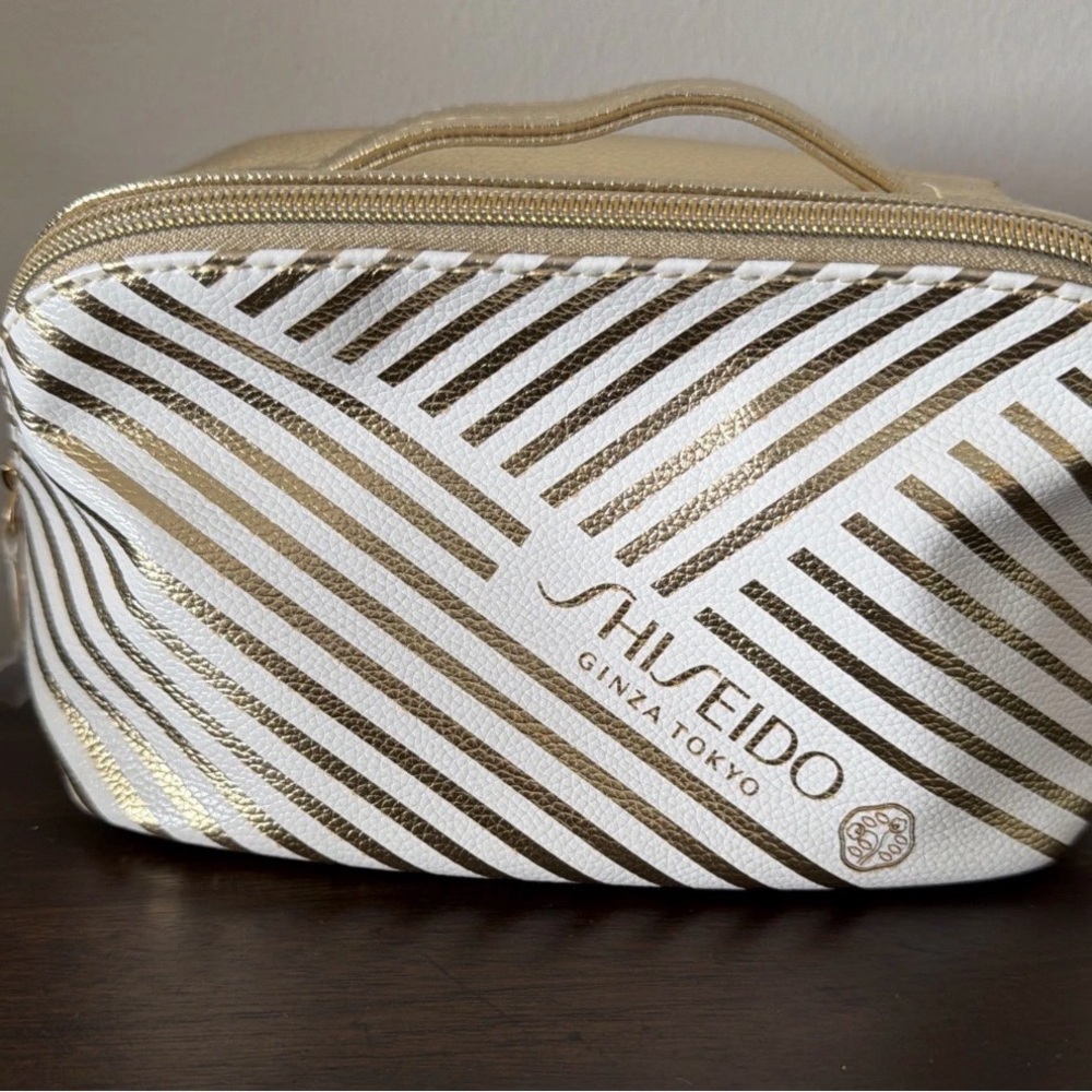 Shiseido Ginza Tokyo Makeup Bag Gold & White With Stripes Organizer Zipper Pouch